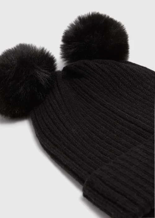Girls Black Double Pom Pom Beanie (3-13yrs) - Age 3 - 6 Years Image 2