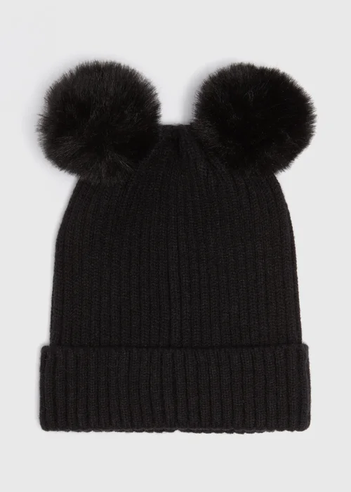 Girls Black Double Pom Pom Beanie (3-13yrs) - Age 3 - 6 Years Image 1