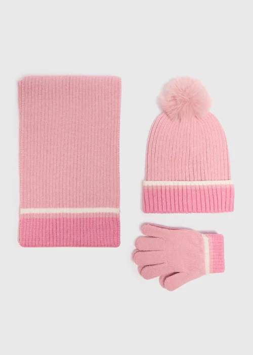 3 Piece Girls Pink Knitted Hat, Gloves & Scarf Set (3-16yrs) - Age 3 - 6 Years Image 1