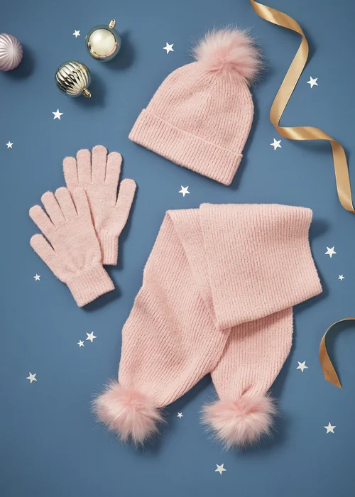 3 Piece Girls Pink Sparkle Hat, Gloves & Scarf Set (3-13yrs) - Age 3 - 6 Years Image 1