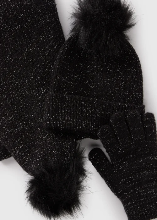 3 Piece Girls Black Sparkle Hat, Gloves & Scarf Set (3-13yrs) - Age 3 - 6 Years Image 2
