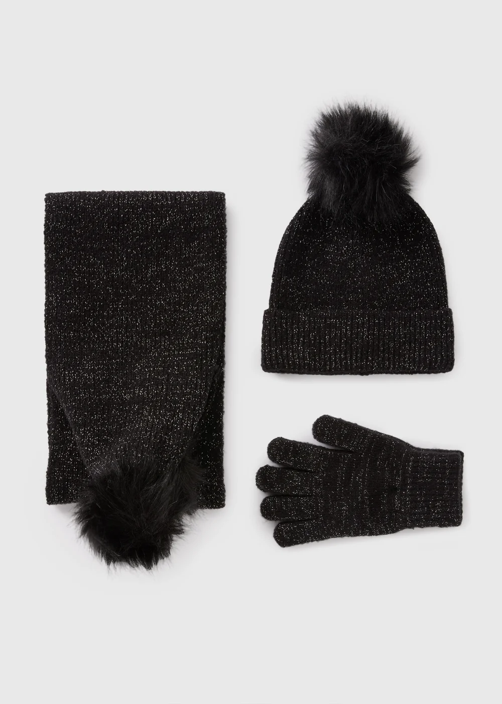 3 Piece Girls Black Sparkle Hat, Gloves & Scarf Set (3-13yrs) - Age 3 - 6 Years Image 1