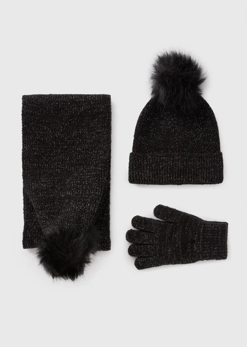 3 Piece Girls Black Sparkle Hat, Gloves & Scarf Set (3-13yrs) - Age 3 - 6 Years Image 1