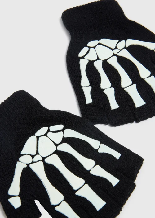 Kids Black Skeleton Glow In The Dark Fingerless Gloves - One Size Image 2