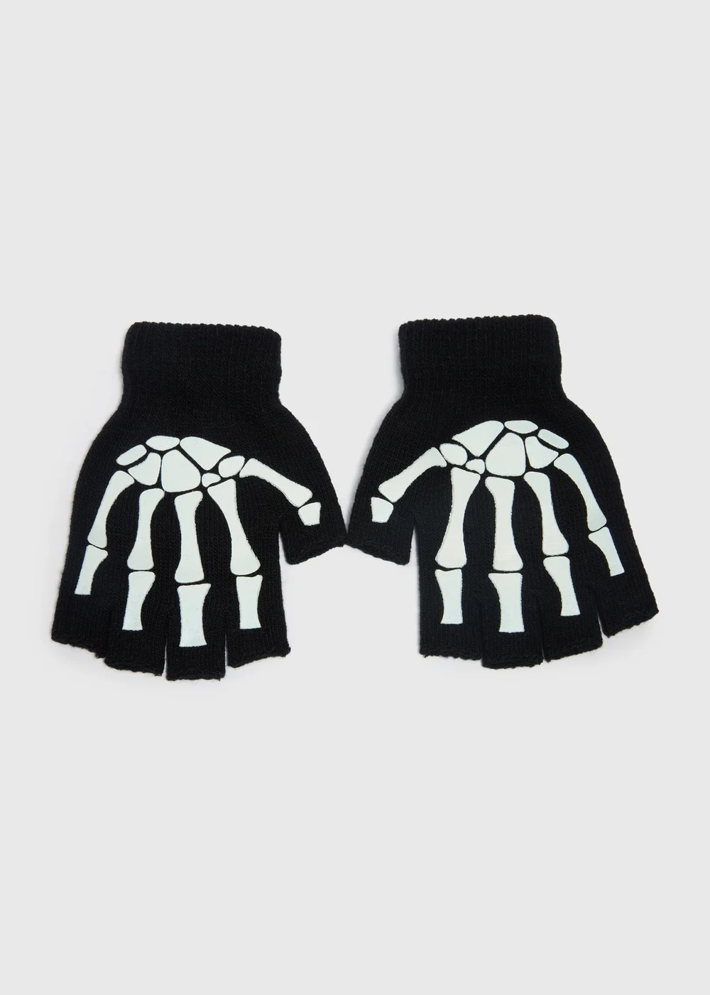 Kids Black Skeleton Glow In The Dark Fingerless Gloves - One Size Image 1