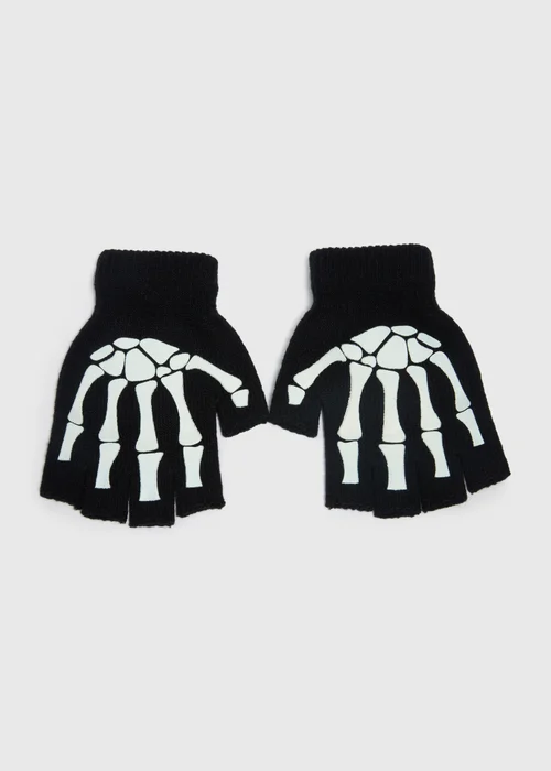 Kids Black Skeleton Glow In The Dark Fingerless Gloves - One Size Image 1