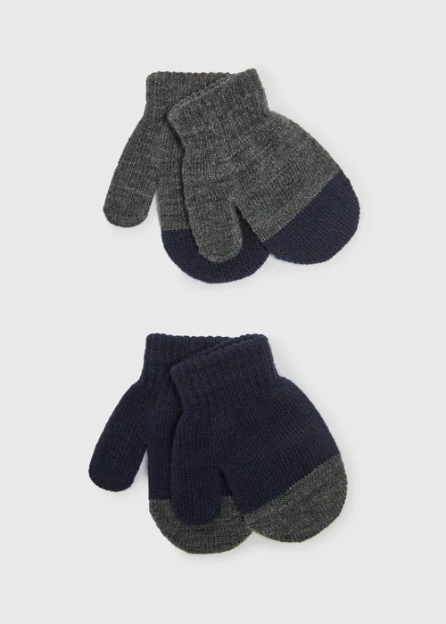 2 Pack Boys Navy Stripe Mittens - One Size Image 1