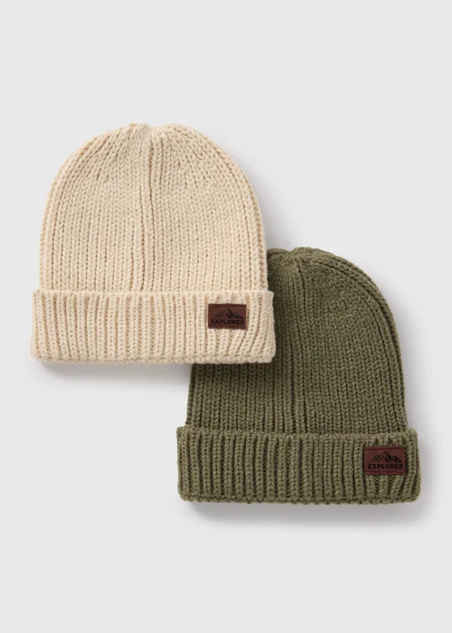 2 Pack Boys Cream & Green Beanies (3-13yrs) - Age 3 - 6 Years Image 1