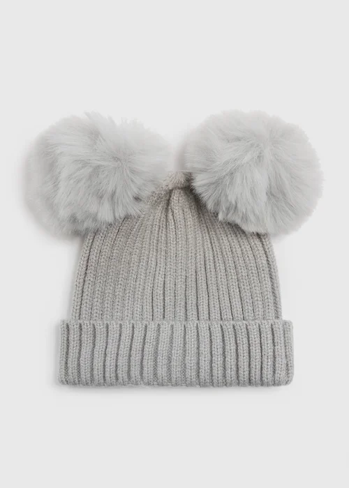 Baby Grey Double Pom Pom Beanie (Newborn-24mths) - Age 0 - 3 Months Image 1