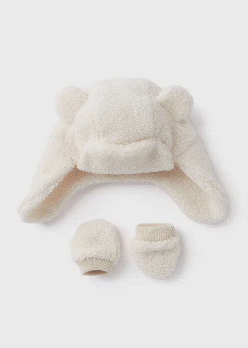 2 Piece Baby Cream Borg Tapper Hat & Mitt Gloves (Newborn-24mths) - Age 0 - 3 Months Image 1