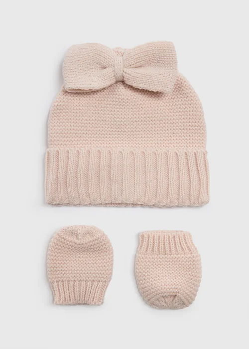 2 Pack Baby Pink Hat & Mitt Gloves Set (Newborn-23mths) - Age 0 - 3 Months Image 1