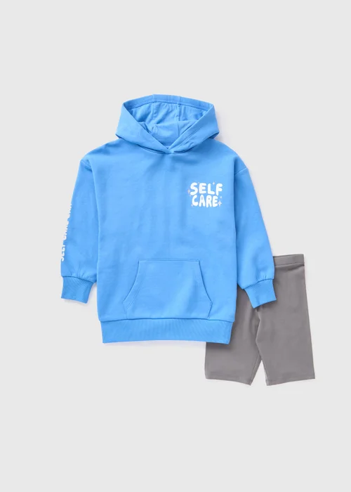 Girls Blue Self Care Hoodie & Cycling Shorts Set (7-15yrs) - Age 7 Years Image 1