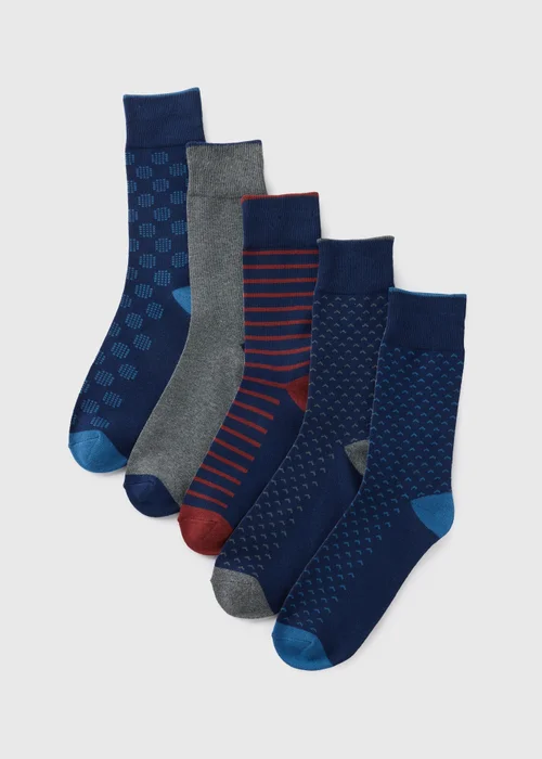 5 Pack Navy Patterned Socks - Sizes 6 - 8.5 Image 1