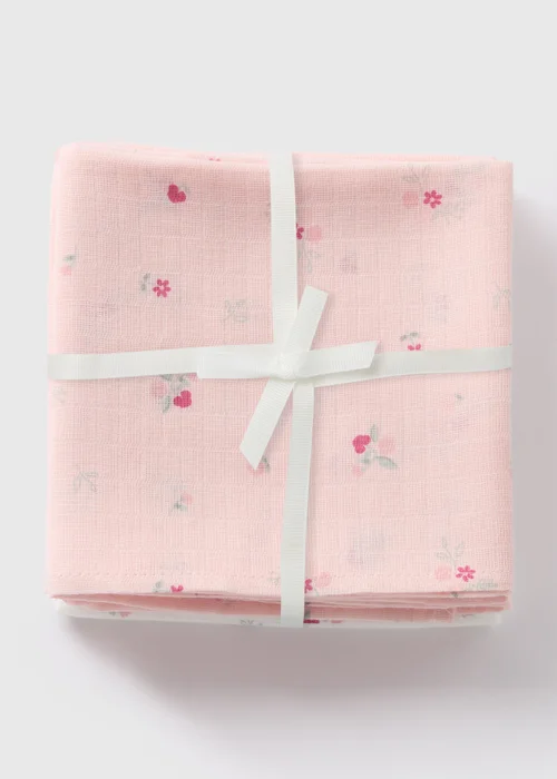 3 Pack Baby Pink Floral Muslin Squares - One Size Image 1