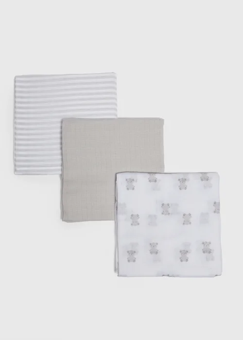 3 Pack Baby Grey Bear Muslin Cloths - One Size Image 2