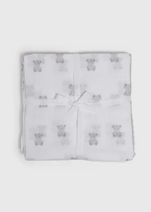 3 Pack Baby Grey Bear Muslin Cloths - One Size Image 1