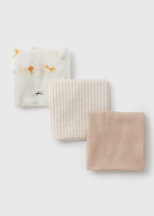 3 Pack Baby Cream Safari Muslin Cloths - One Size Image 2