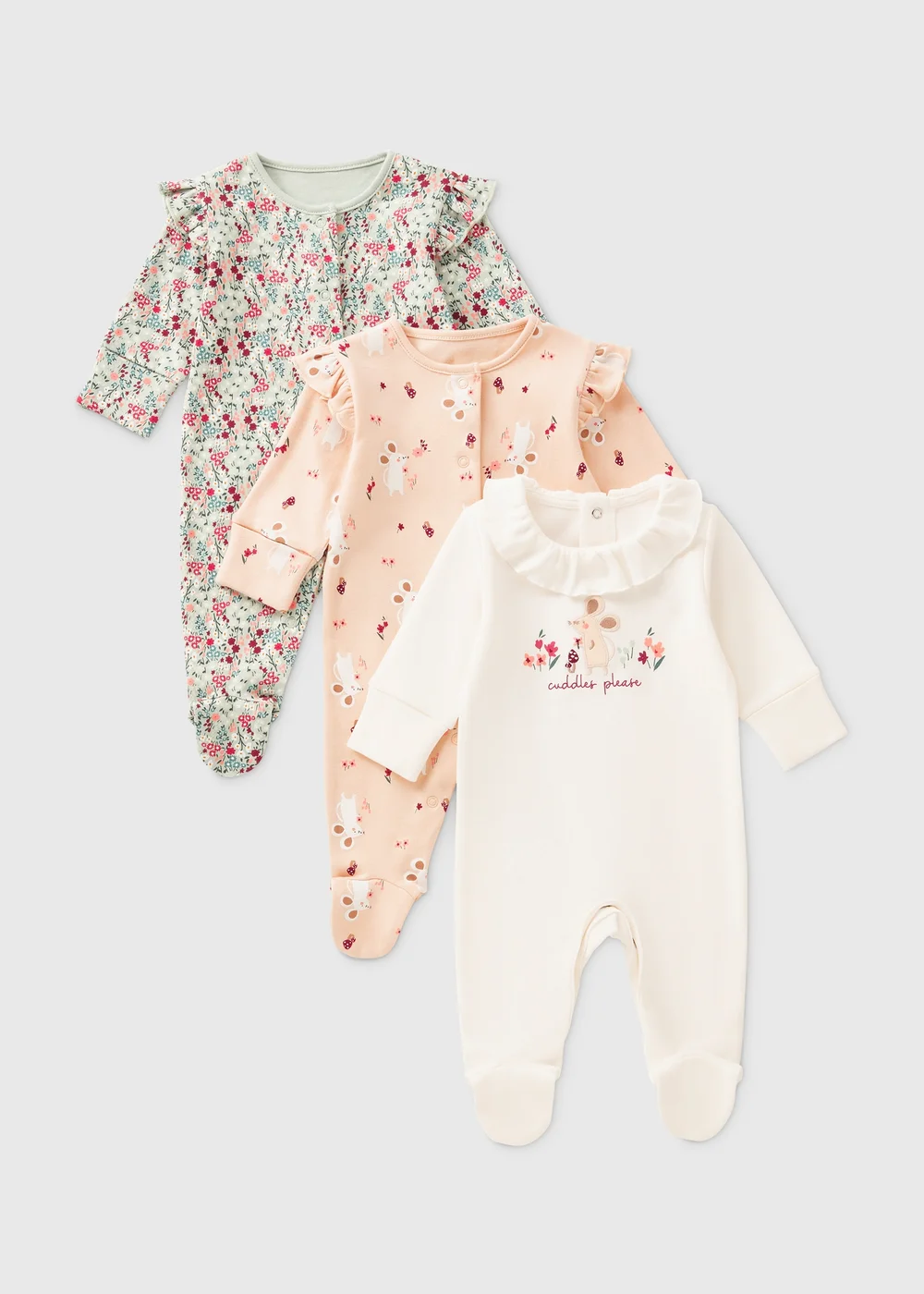 3 Pack Girls Multicolour Floral Sleepsuits - Age 0 - 3 Months Image 1