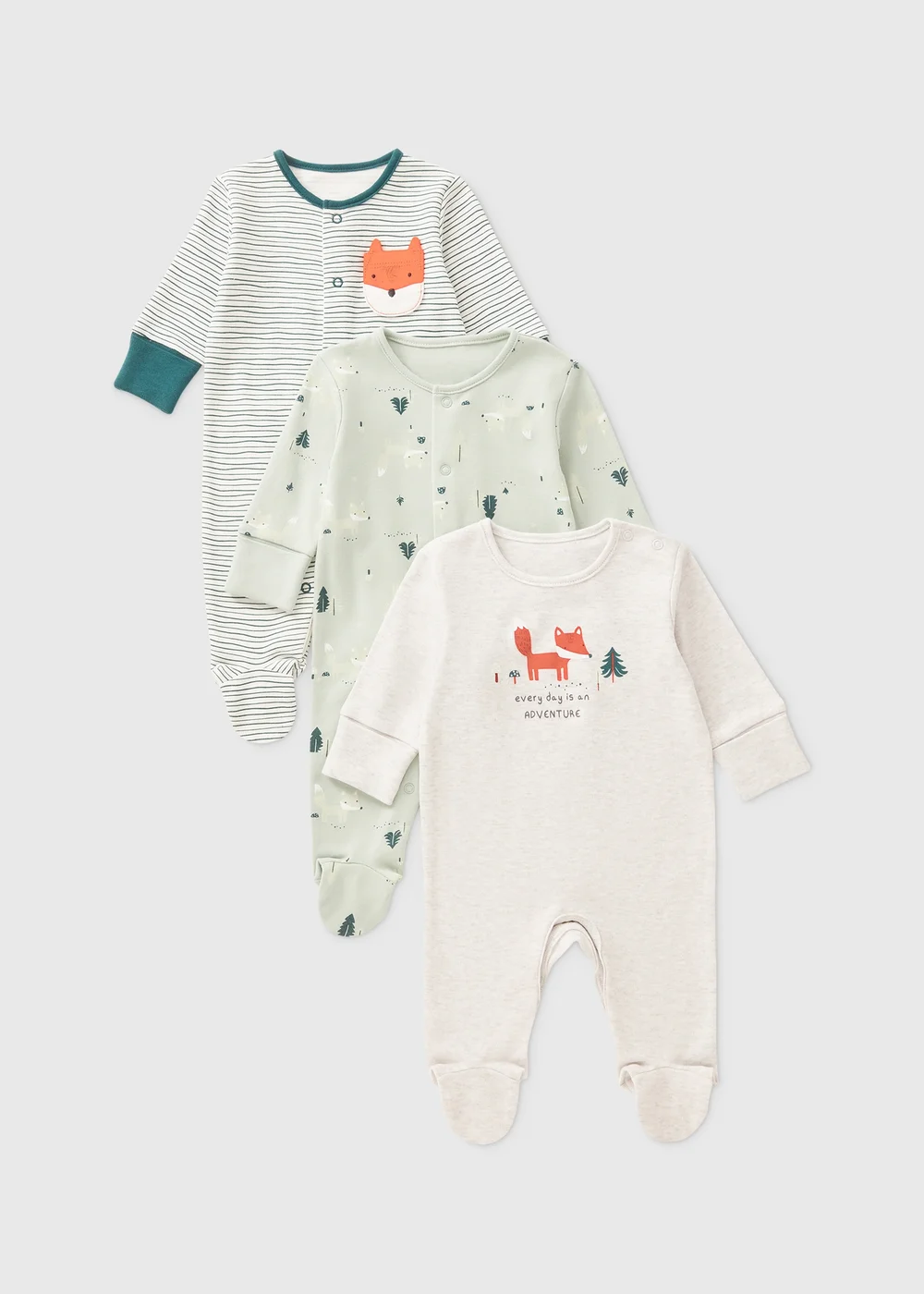 3 Pack Green Fox Sleepsuits - Age 0 - 3 Months Image 1