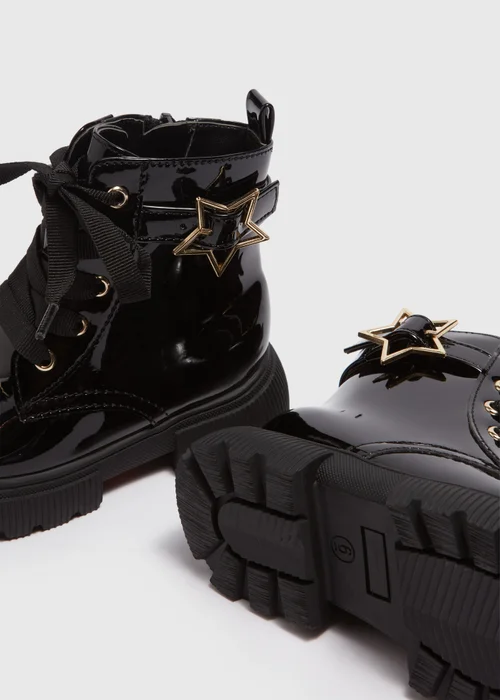 Girls Black Patent Lace Up Star Buckle Boots (Younger 4-12) - Size 4 Infants Image 2