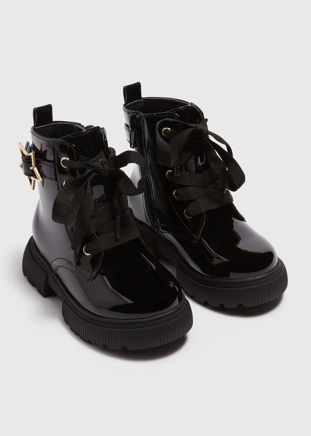 Girls Black Patent Lace Up Star Buckle Boots (Younger 4-12) - Size 4 Infants Image 1