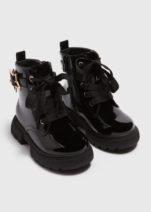 Girls Black Patent Lace Up Star Buckle Boots (Younger 4-12) - Size 4 Infants Image 1