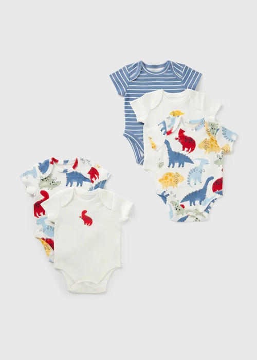 5 Pack Baby White Dinosaur Bodysuits (Newborn-23mths) - 0-3 months Image 1