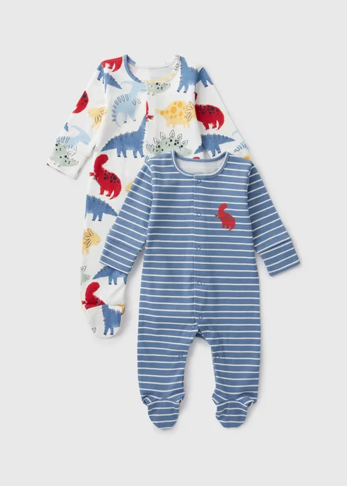 2 Pack Baby Blue Dinosaur Sleepsuits (Newborn-23mths) - Age 0 - 3 Months Image 1