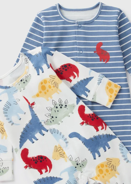 2 Pack Baby Blue Dinosaur Sleepsuits (Newborn-23mths) - Age 0 - 3 Months Image 2
