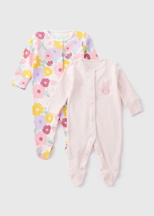 2 Pack Baby Pink Bunny Sleepsuits (Newborn-23mths) - Age 0 - 3 Months Image 1