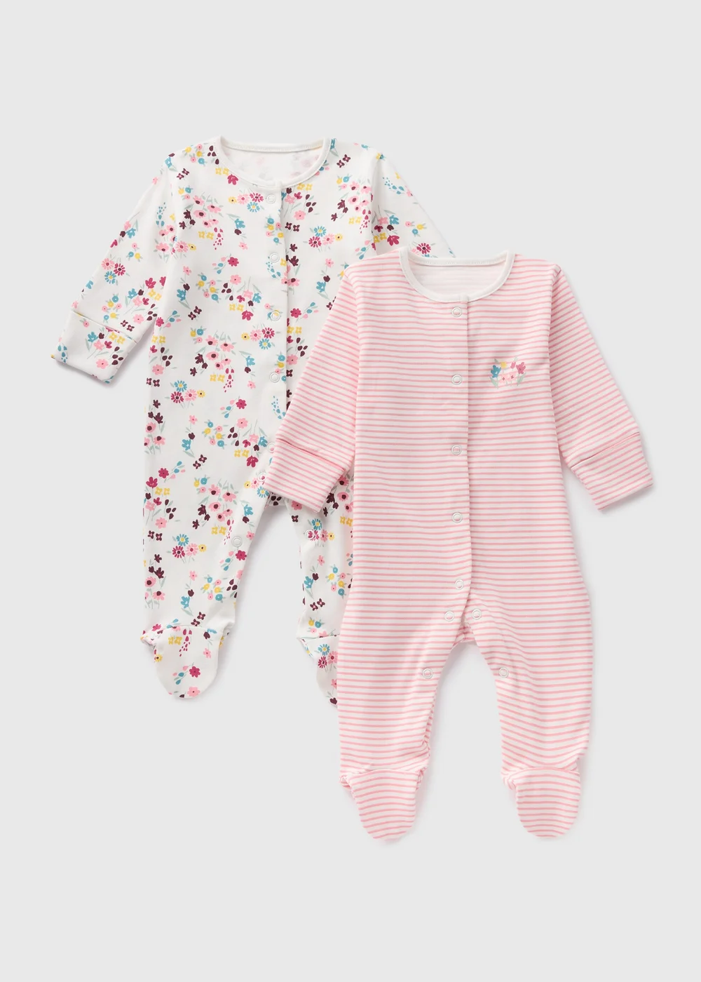 2 Pack Girls Multicolour Floral Sleepsuits (0-23mnths) - Age 0 - 3 Months Image 1