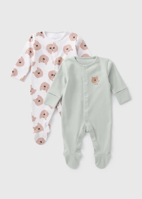 2 Pack Baby Green Bear Sleepsuits (Newborn-23mths) - Age 0 - 3 Months Image 1