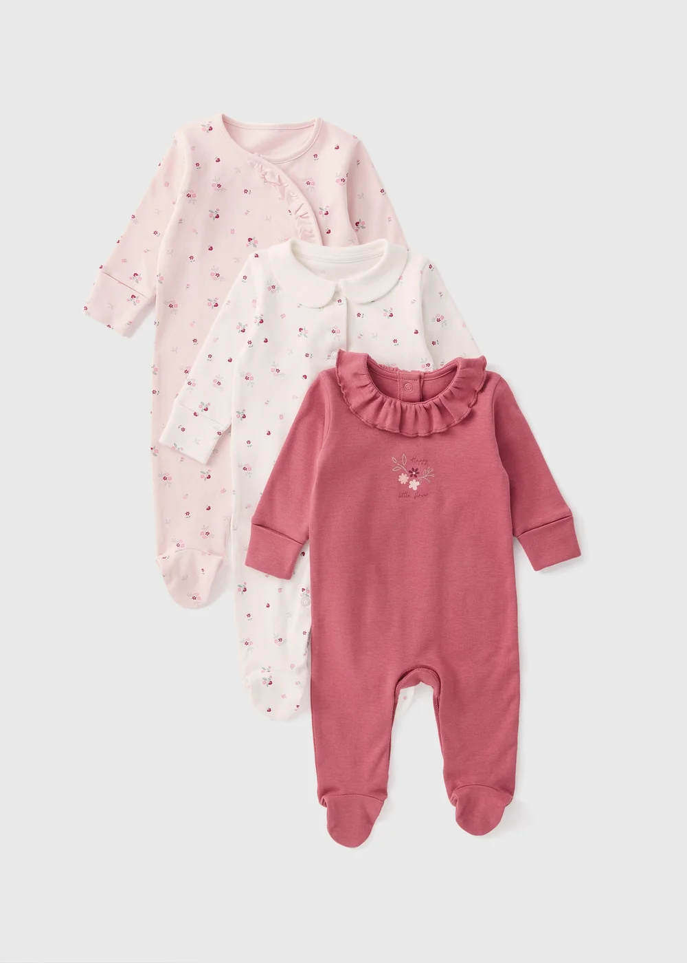 3 Pack Baby Pink Floral Sleepsuits (Newborn-18mths) - Age 0 - 3 Months Image 1