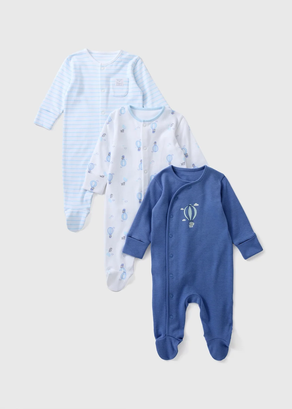 3 Pack Baby Blue Balloon Sleepsuits (Newborn-18mths) - Age 0 - 3 Months Image 1