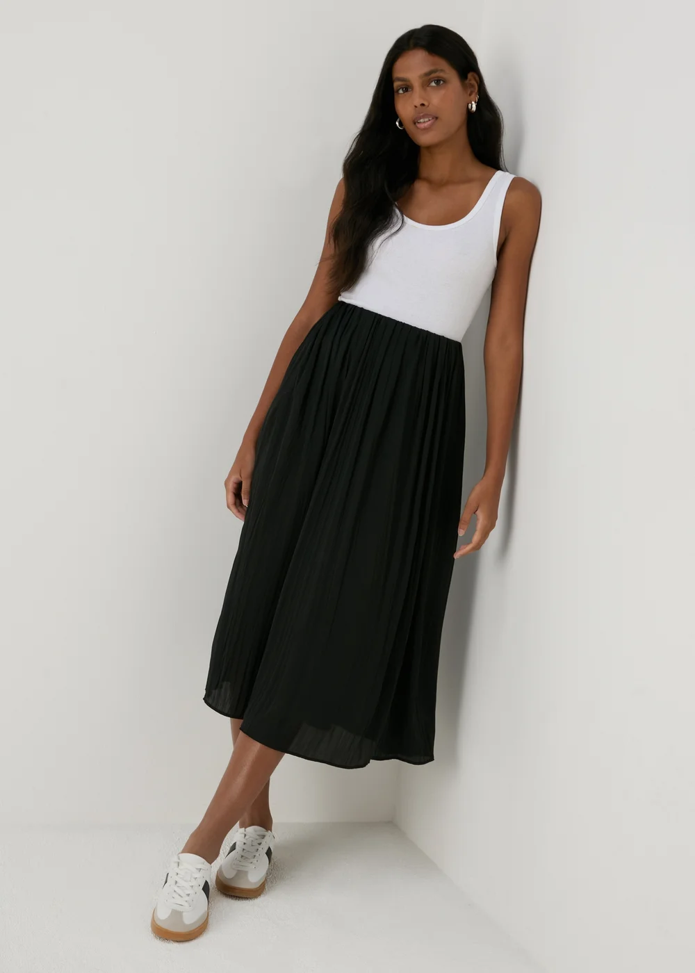 Black Satin Pleated Midi Skirt - 8 Image 1