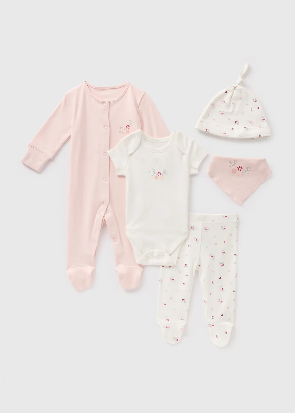 5 Pack Baby Pink Flower Sleepsuit Set (Newborn-6mths) - First Size Image 1
