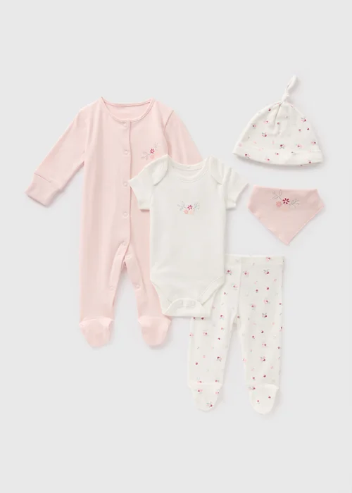 5 Pack Baby Pink Flower Sleepsuit Set (Newborn-6mths) - First Size Image 1