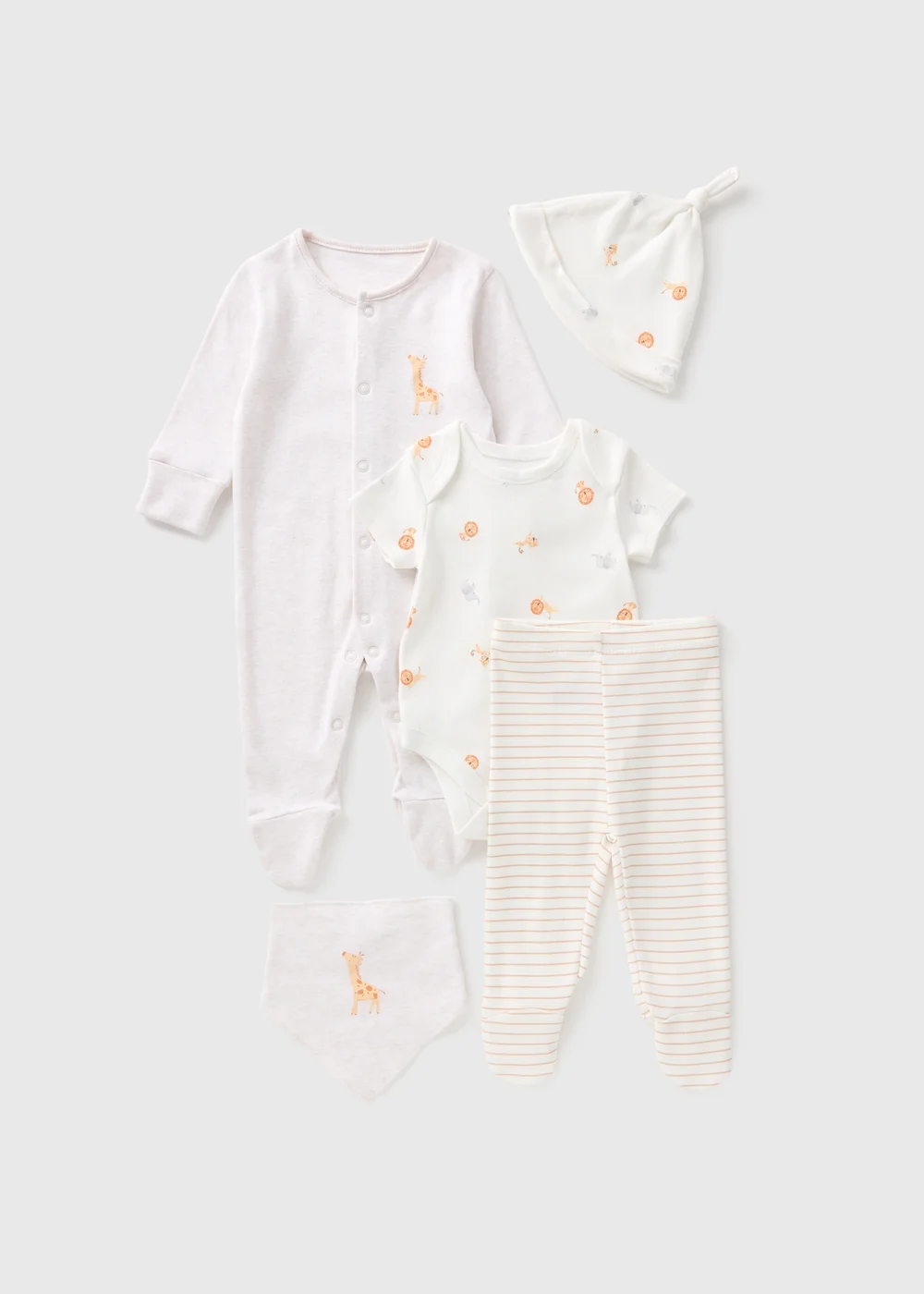 5 Pack Baby Cream Safari Sleepsuits (Newborn-6mths) - Age 0 - 3 Months Image 1