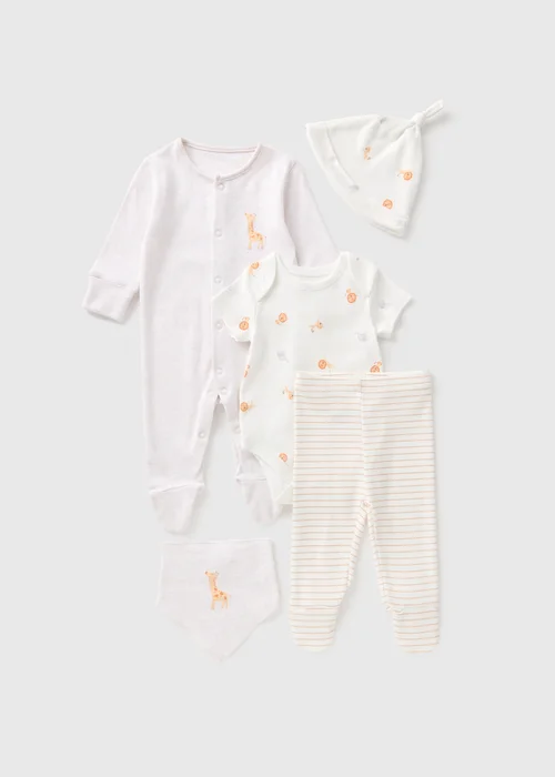 5 Pack Baby Cream Safari Sleepsuits (Newborn-6mths) - Age 0 - 3 Months Image 1