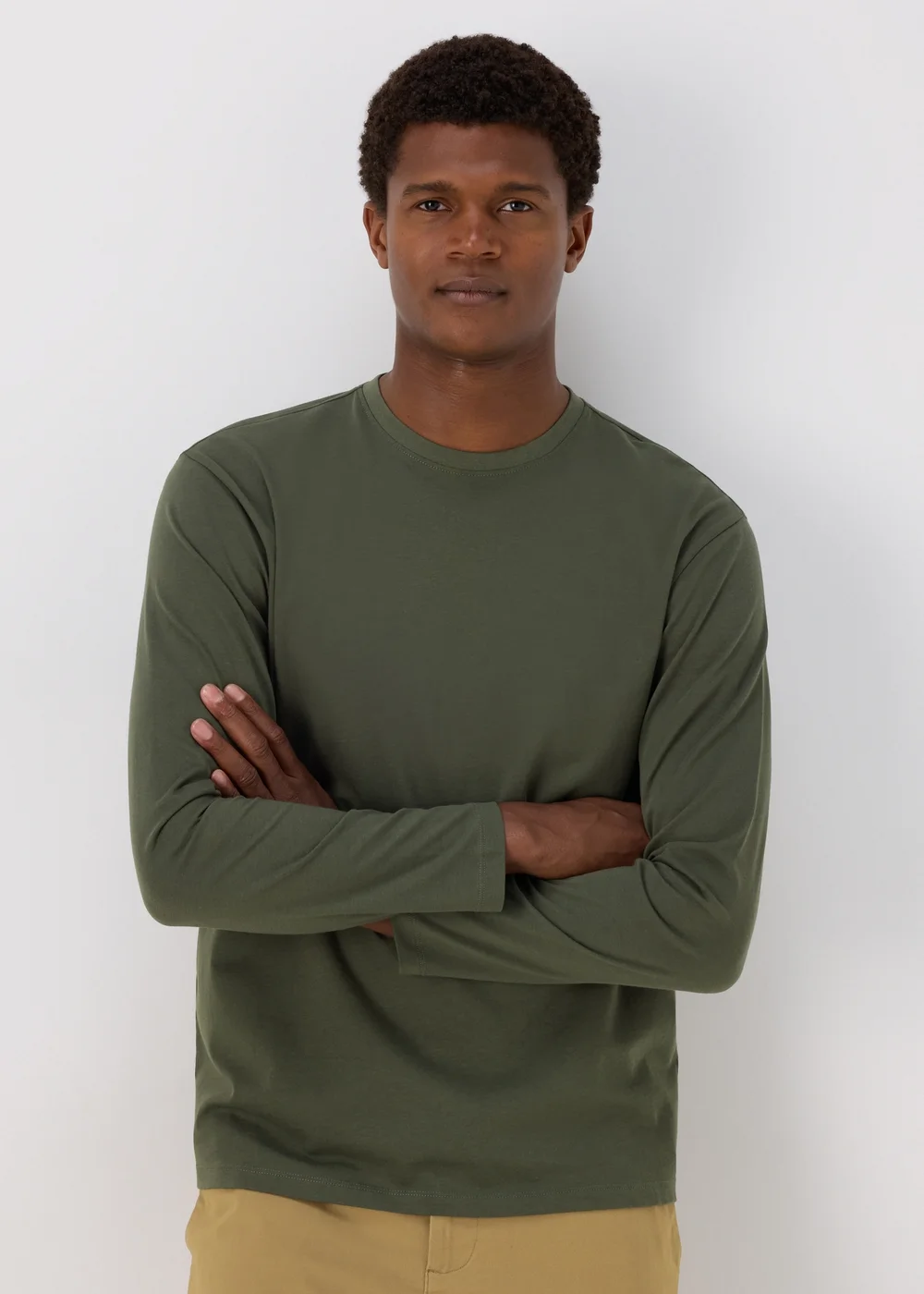 Khaki Long Sleeve Crew Neck T-Shirt - S Image 1