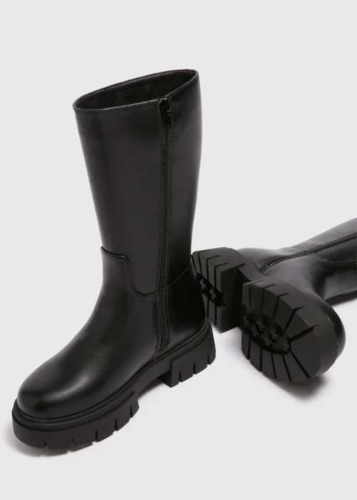 Girls Black PU Leather Knee Length Boots (Younger 10-Older 5) - 2 Image 2