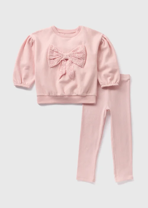 Girls Pink Bow Sweatshirt & Leggings Set (1-7yrs) - 1 half year to 2 Image 1
