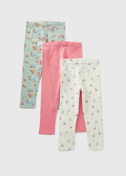 3 Pack Girls Pink Floral Leggings (1-7yrs) - 1 half year to 2 Image 1