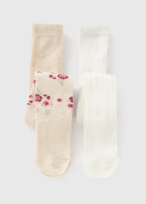 2 Pack Baby Cream Floral Tights (Newborn-18mths) - 0-3 months Image 1