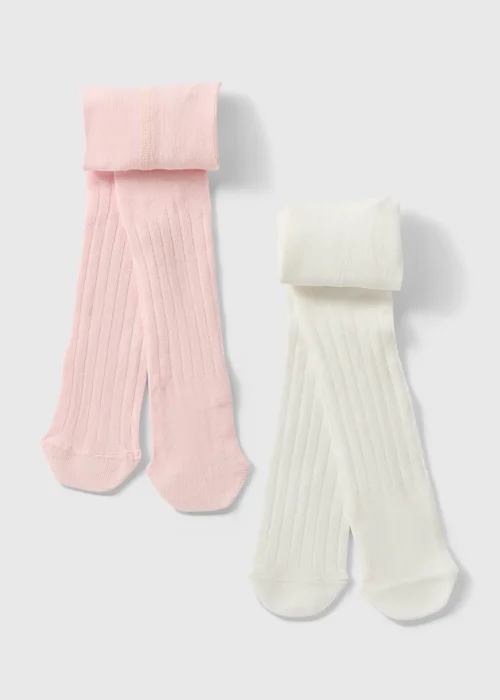 2 Pack Baby Pink & Cream Ribbed Tights (Newborn-18mths) - 0-3 months Image 1