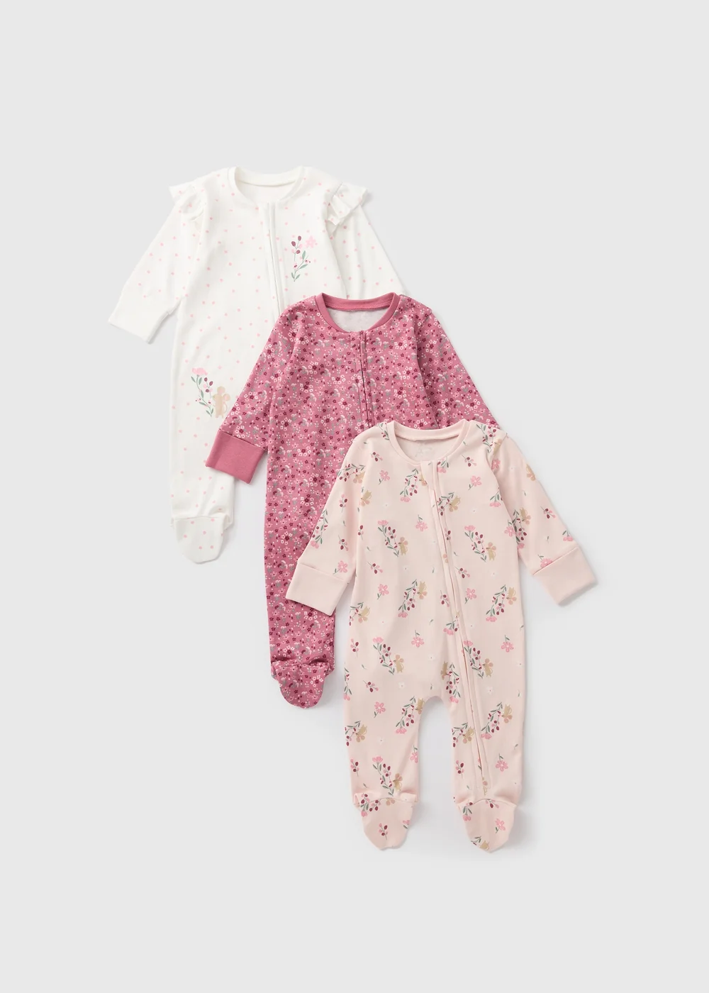 3 Pack Girls Pink Floral Sleepsuits (Newborn-18mths) - Age 0 - 3 Months Image 1