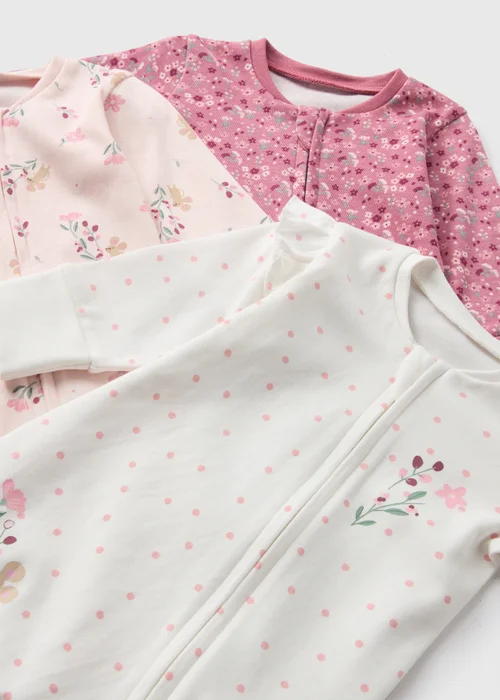 3 Pack Girls Pink Floral Sleepsuits (Newborn-18mths) - Age 0 - 3 Months Image 2