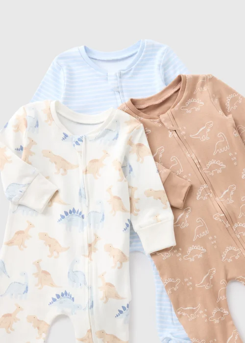 3 Pack Baby Blue Dino Zipped Sleepsuits (Newborn-18mths) - Age 0 - 3 Months Image 2