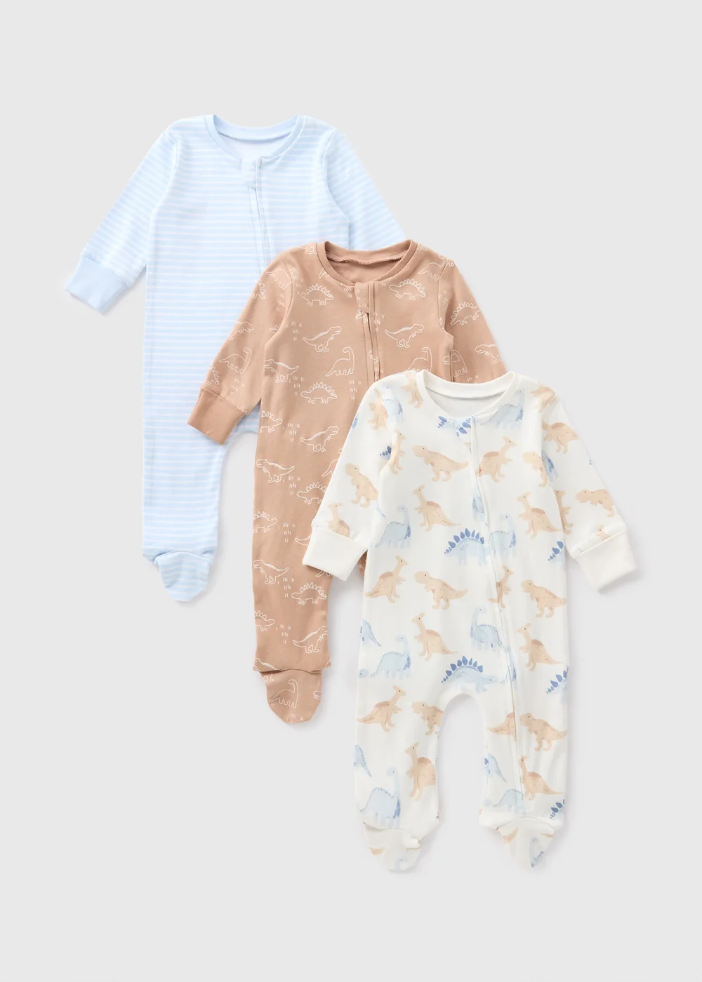 3 Pack Baby Blue Dino Zipped Sleepsuits (Newborn-18mths) - Age 0 - 3 Months Image 1