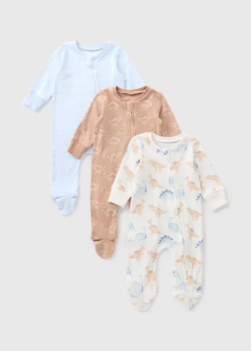 3 Pack Baby Blue Dino Zipped Sleepsuits (Newborn-18mths) - Age 0 - 3 Months Image 1